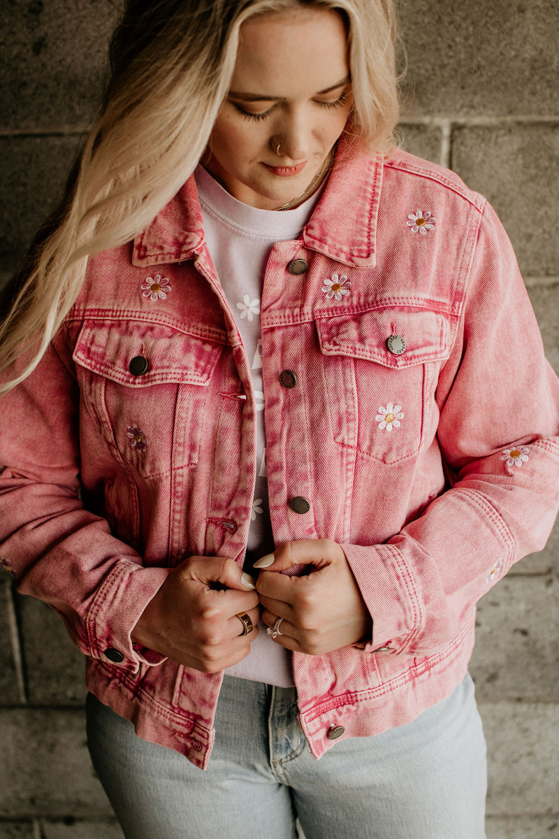 GRACE UPON GRACE Daisy Distressed Denim Jacket- PINK