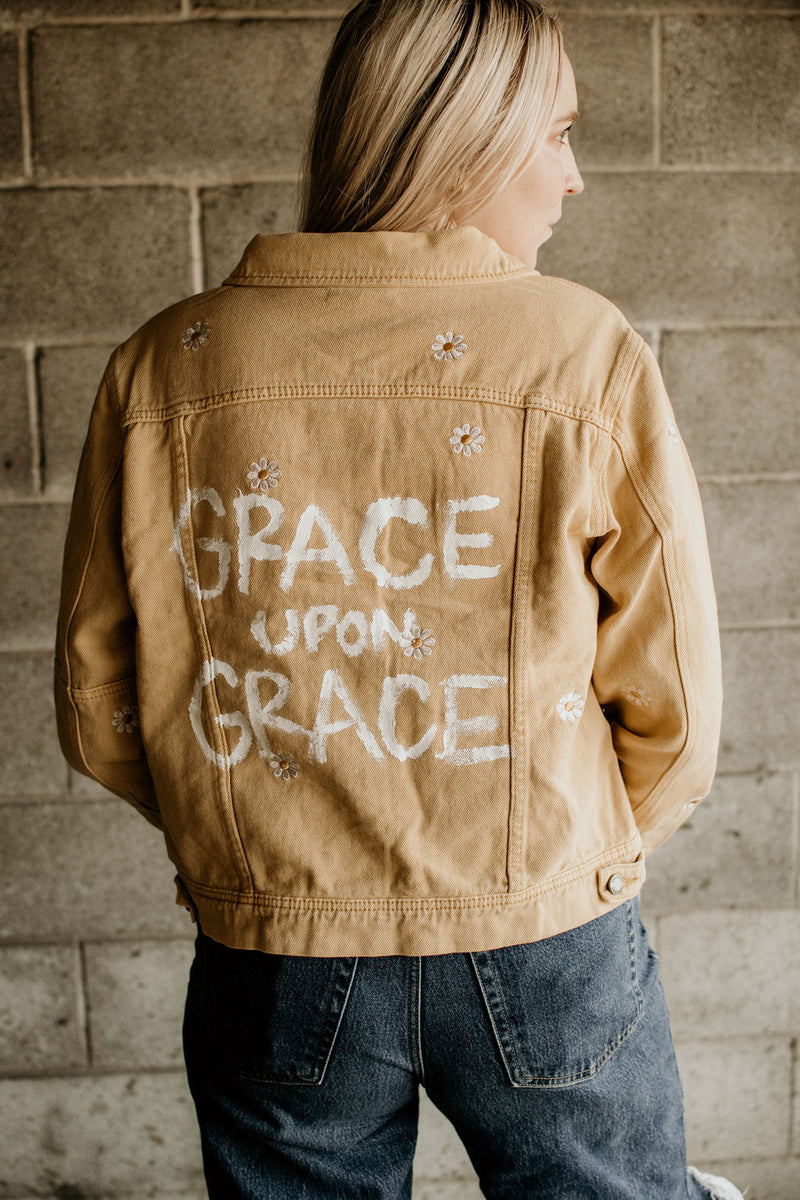 GRACE UPON GRACE Daisy Distressed Denim Jacket- YELLOW