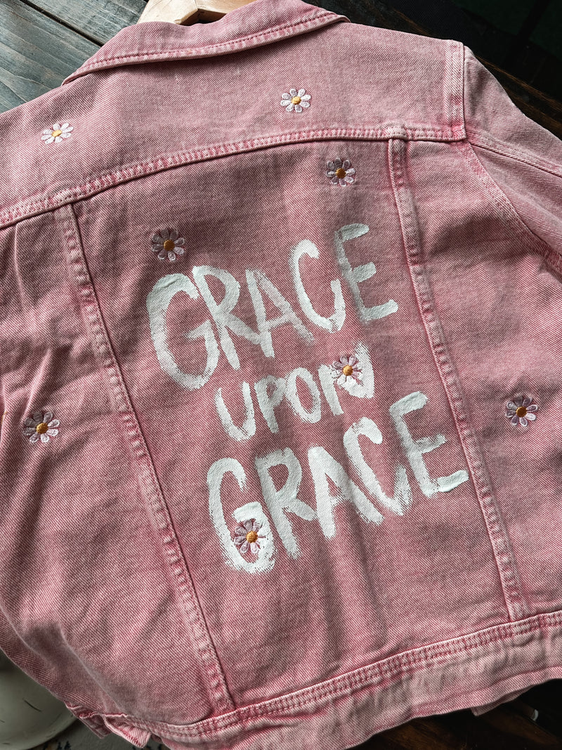 GRACE UPON GRACE Daisy Distressed Denim Jacket- PINK